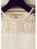 Sheer Beaded Neck Ivory Pleated Organza Curly Hem Flower Girl Dress